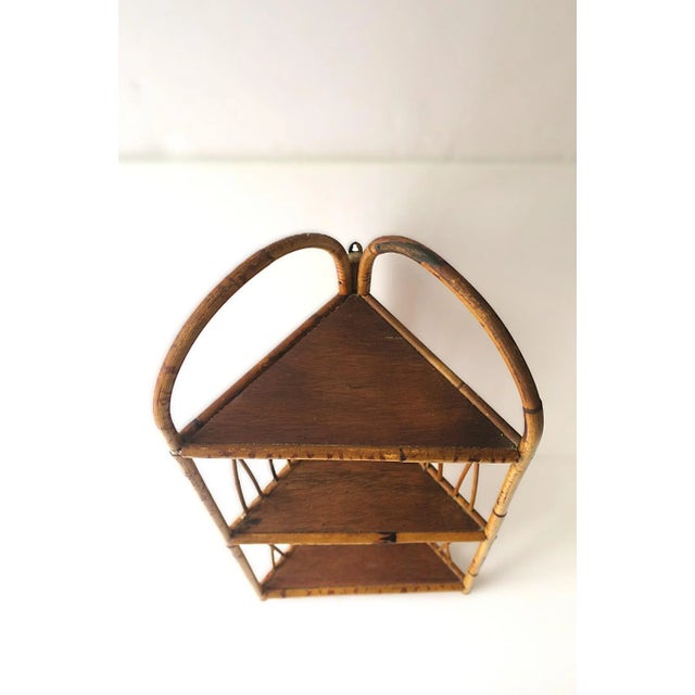 Wicker Bamboo Corner Wall or Floor Shelf Étagère For Sale - Image 10 of 17