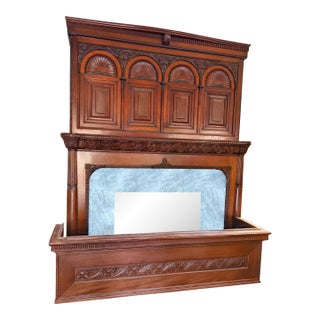 Majestic 11 Feet Vintage 19th Century 3 Tiers (Pieces) Carved Wood With 3 Pieces of Marble Fireplace For Sale