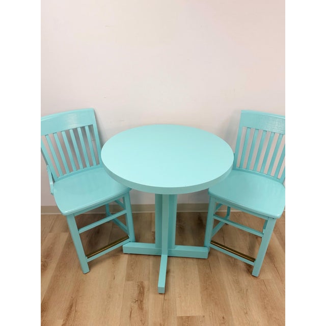 Hollywood Regency Vintage Bistro Set Turquoise Blue Counter Height Table Two Chairs Outdoor/Indoor For Sale - Image 3 of 16