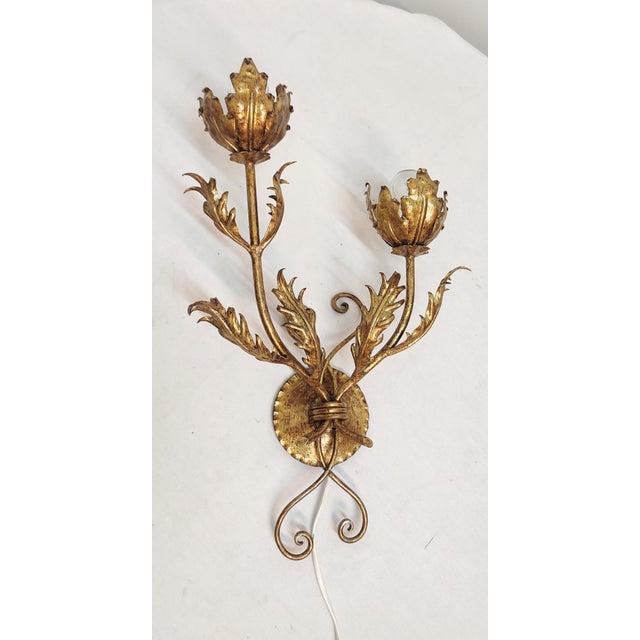 Wrought Iron Gold Leaf Wall Light. France, 1970s For Sale - Image 12 of 18