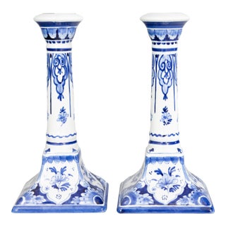 Vintage Dutch Delft Faience Floral Candlesticks - a Pair For Sale