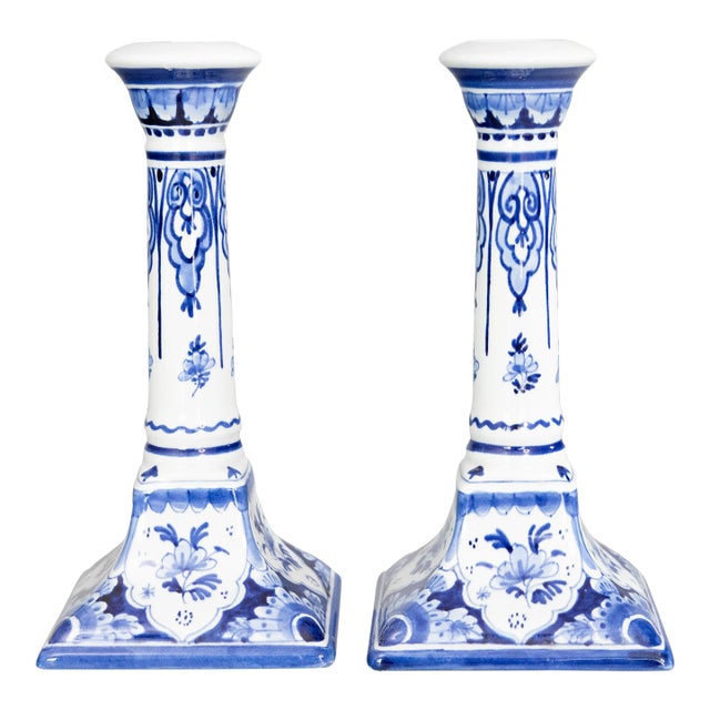 Vintage Dutch Delft Faience Floral Candlesticks - a Pair For Sale