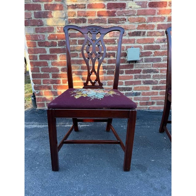 Antique Chippendale Style Neddle Point Seat Dining Chairs For Sale - Image 4 of 16