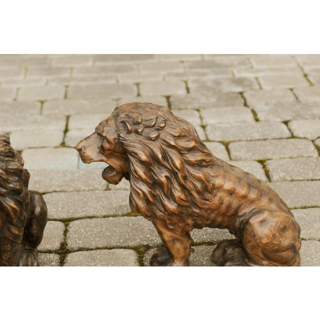 Italian Pair of Italian 1880s Small Walnut Hand Carved Lion Sculptures with Dark Patina For Sale - Image 3 of 12