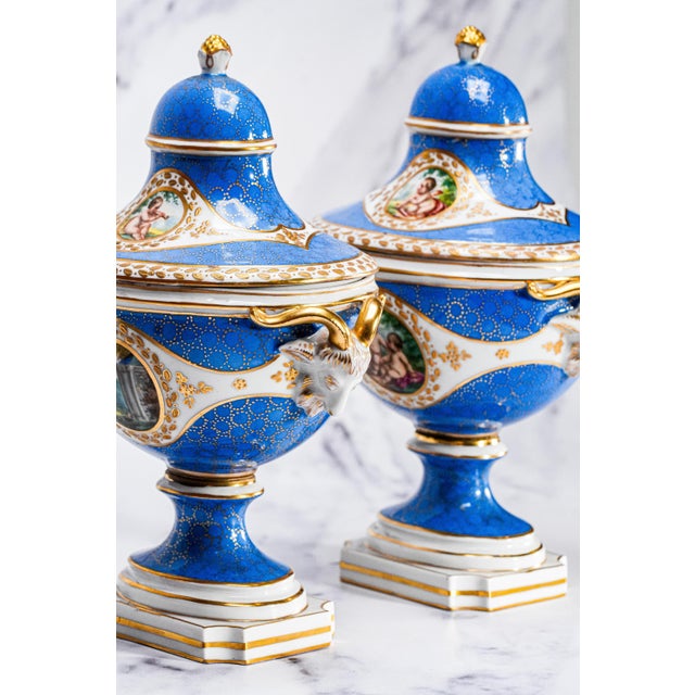 Blue Pair of Hand Painted Antique Blue and Gold Porcelain Covered Urns For Sale - Image 8 of 18