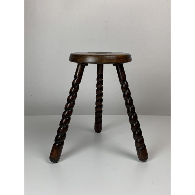 Mid-Century Modernist French Brutalist Wood Turned Tripod Stools, 1950s, Set of 2 For Sale - Image 9 of 18