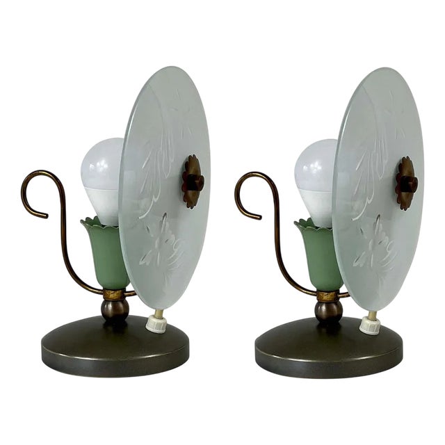 Mid-Century Etched Glass Table Lamps, Italy, 1950s, Set of 2 For Sale