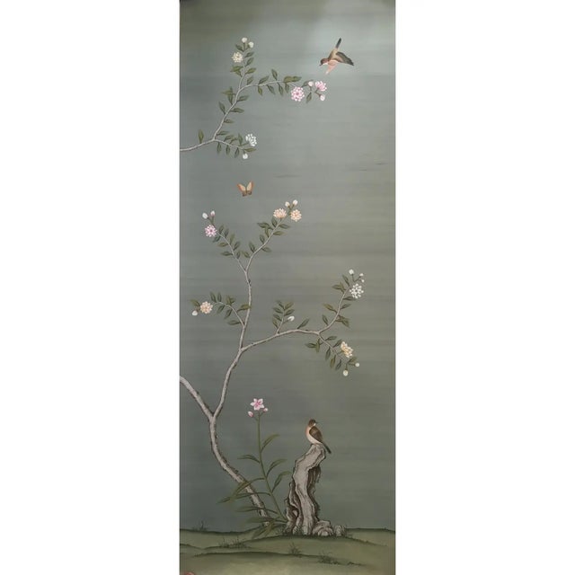 Chinoiserie Chinoiserie Floral Mural Hand Painted Wallpaper - 2 Panels For Sale - Image 3 of 3