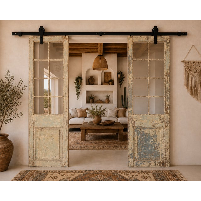 Vintage Anglo-Indian Painted Teakwood and Glass Door, with 8 glazed panels per door panel, and with various old paint...