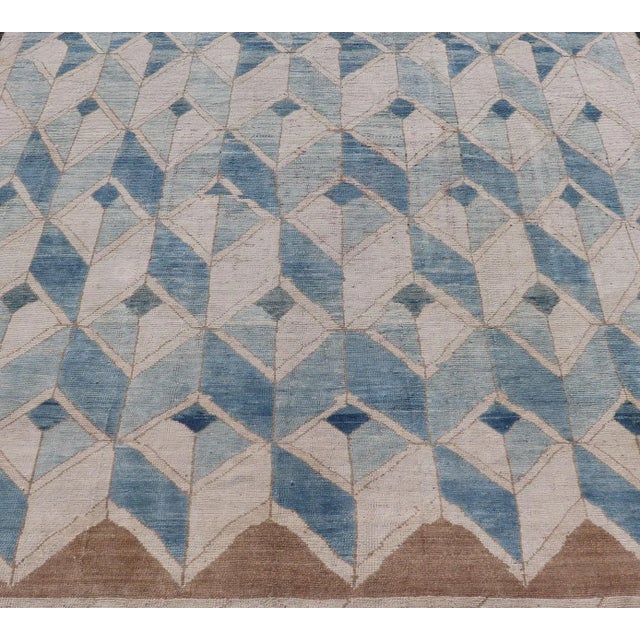 Mid 20th Century Mid 20th Century Square Vintage Turkish Oushak Kars Rug in Modern Design With Blue and Light Brown Colors For Sale - Image 5 of 12