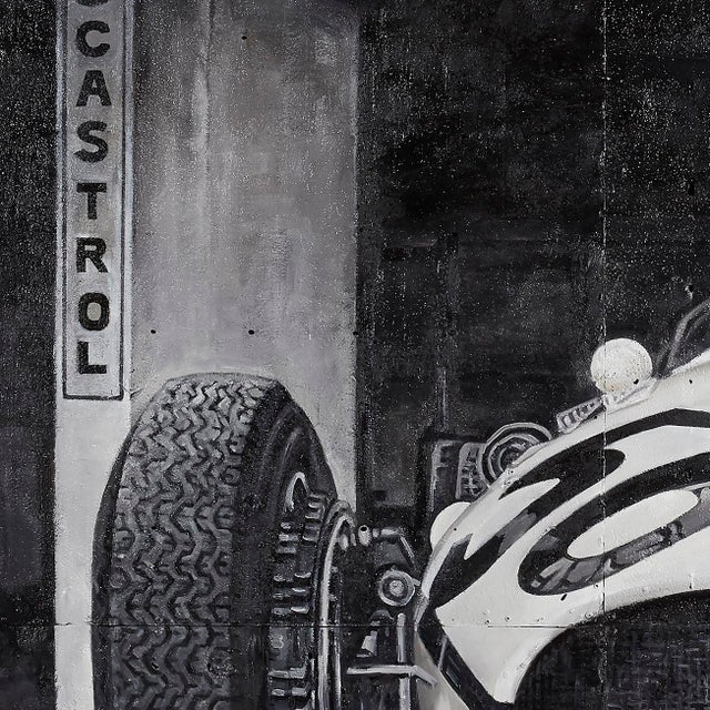 This contemporary work presents a dramatic, close‑up view of a vintage Maserati race car, emphasizing form, heritage, and...
