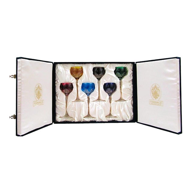 1990s Fabergé Lausanne Crystal Wine Glasses in Presentation Case - Set of Six For Sale