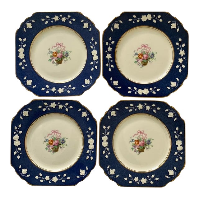 Late 19th Century Wedgwood Queen’s Ivory Blue and White Plates- Set of 4 For Sale