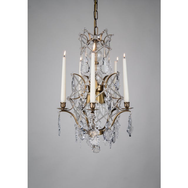 Contemporary Swedish Chandelier with Candleholders in Brass and Crystals by Krebs Stockholm, 2020 For Sale - Image 3 of 4