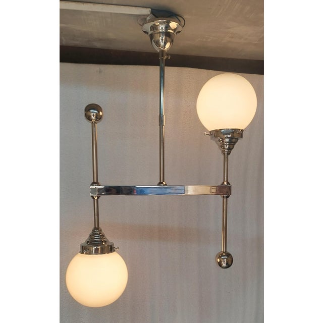 VINTAGE ART DECO BAUHAUS FIXTURE OLD CEILING NICKEL BRASS HANGING LIGHT MILK GLASS SHADE LAMP Excellent Working Condition...