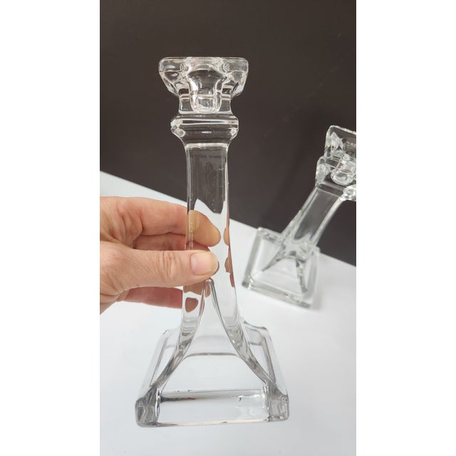 1940s Pair of Mid-Century Art Deco Style Pressed Glass Candlesticks, 7.25” For Sale In New York - Image 6 of 13