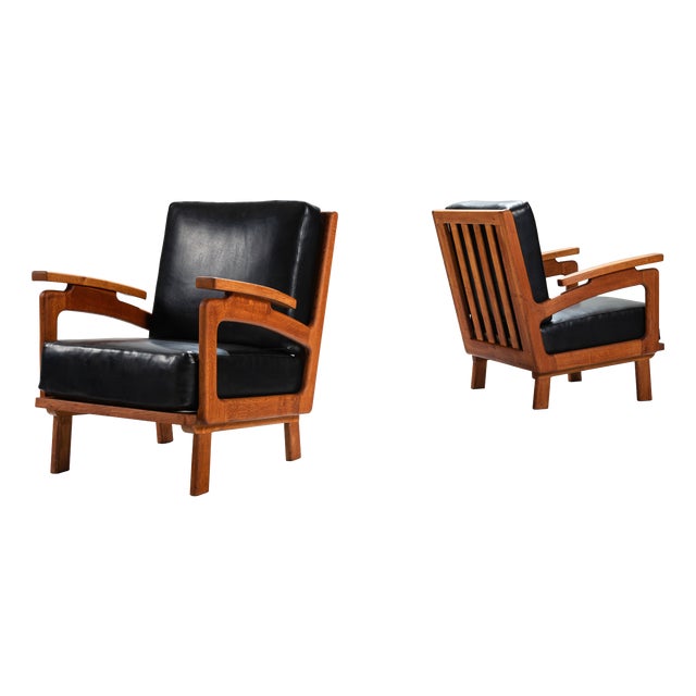 Belgian Lounge Chairs in Oak with Leather Cushions, 1960s, Set of 2 For Sale