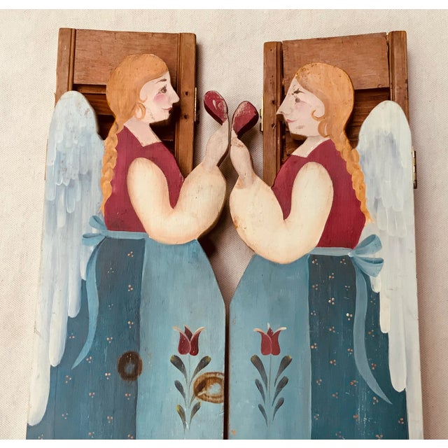 American 1940s Peter Hunt Style Blue Painted Wood Angel Window Shutters For Sale - Image 3 of 9