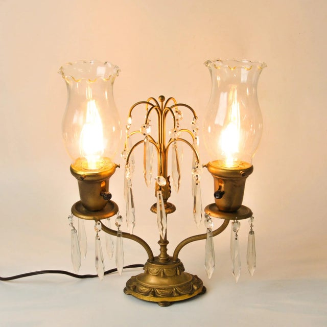 Brass Antique French Girandole Waterfall Crystal Table Lamp For Sale - Image 8 of 10