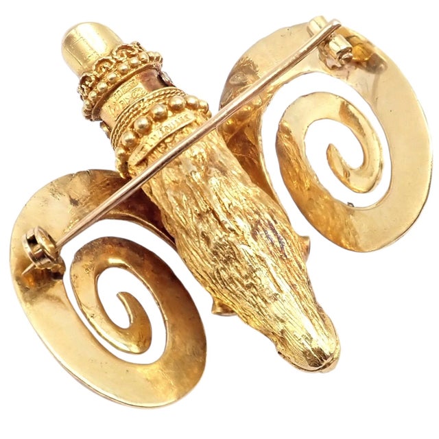 Late 20th Century Rare Ilias Lalaounis Yellow Gold Ram Ares Diamond Ruby Sapphire Large Brooch For Sale - Image 10 of 14