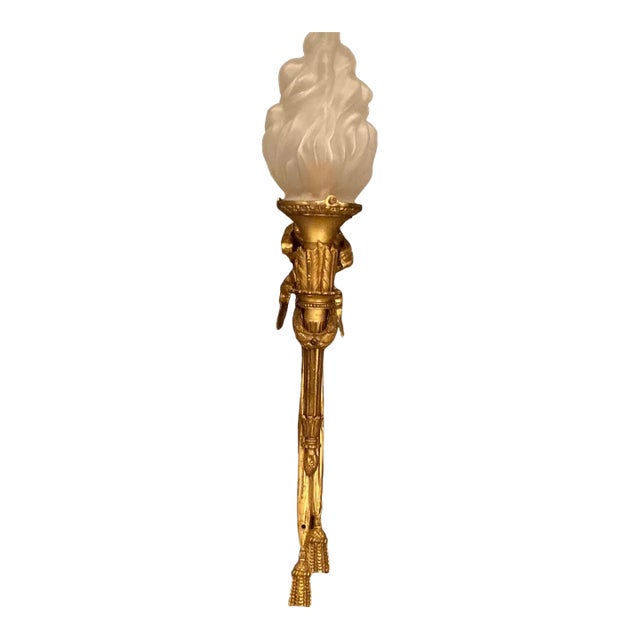 Mid 20th Century Maison Arlus Bronze Sconce Hand Holding Torch & Flame Glass Shade For Sale