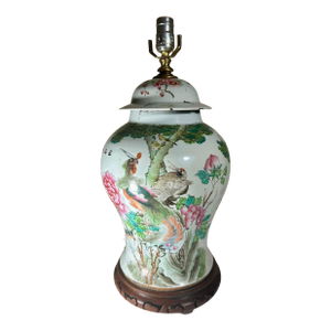 Large Chinese Qing Dynasty Famille Rose Lidded Temple Jar Converted Lamp