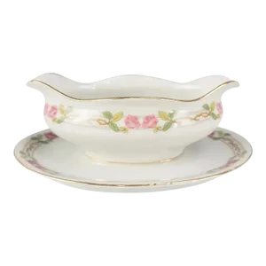 w.m. Guerin Limoges Roses & Stem Gravy Boat With Attached Underplate, France c.1900–1932