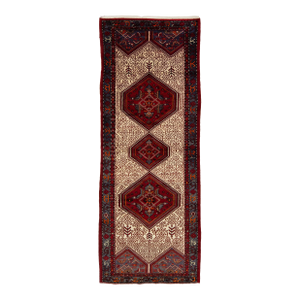 Vintage Hamadan Handmade Wool Runner in Beige With Tribal Design