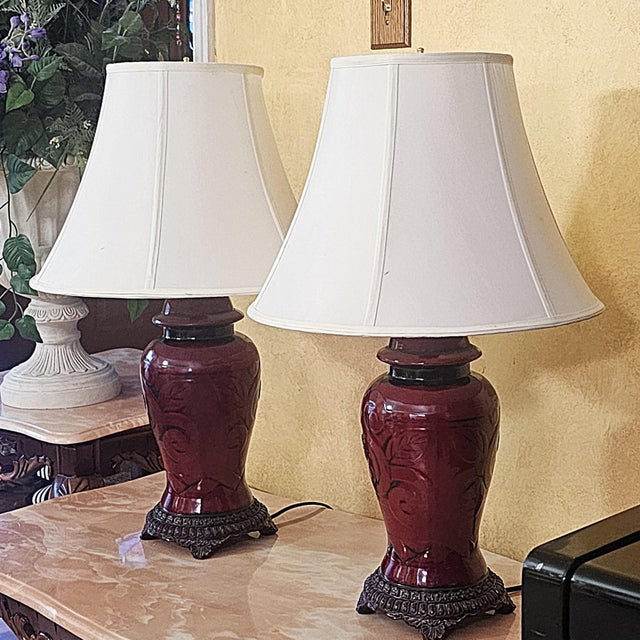 Vintage Sang De Boeuf Red Chinoiserie Ginger Jar Table Lamps - Pair For Sale - Image 10 of 18