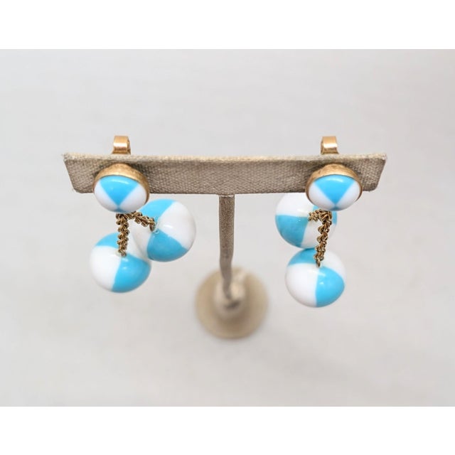 Trifari Vintage 1950s Signed Crown Trifari White & Turquoise Checked Drop Clip Earrings-2 Pieces For Sale - Image 4 of 10