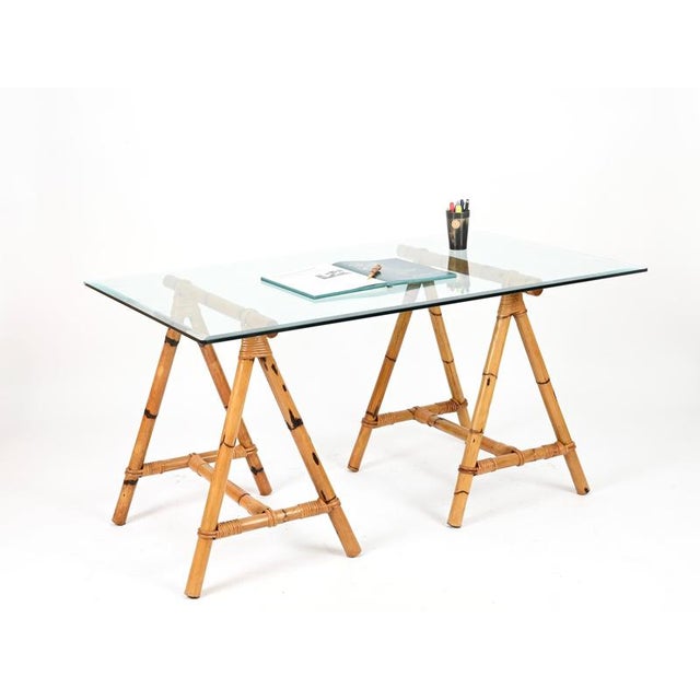 1970s Mid-Century Trestle Desk in Bamboo and Rattan from Vivai del Sud, Italy, 1970s, Set of 2 For Sale - Image 5 of 15