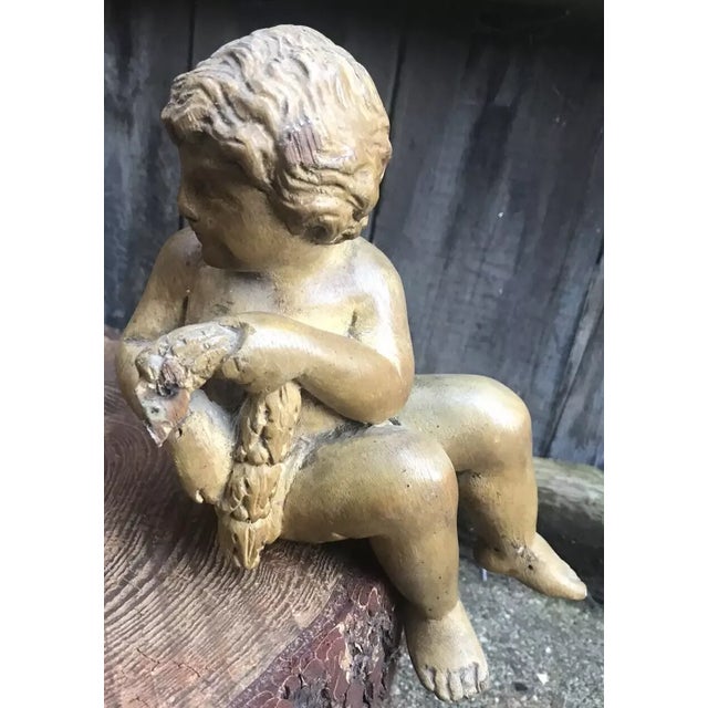 C1800 Antique French Renaissance Style Carved Wood Cherub Figure Holding His Fish - Sculpture For Sale - Image 11 of 11