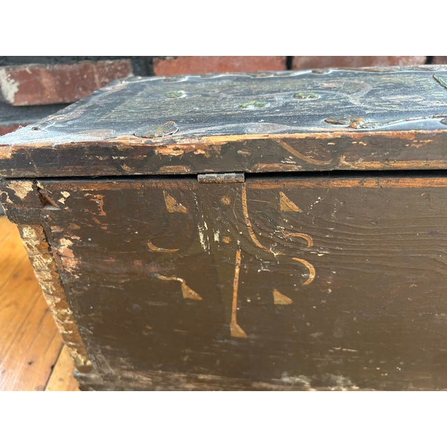 Brown Antique Wooden Hand-Painted Chest Dowry, Marriage Box, Rustic For Sale - Image 8 of 12