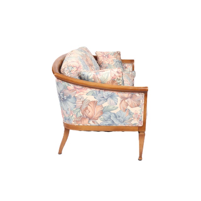 Vintage John Widdicomb French Directoire style settee. Hand carved solid cherrywood frame. Loose down-filled seat and back...