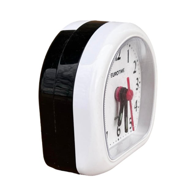 Small Black and White Electric Alarm Clock Eurotime Germany 1980s For Sale - Image 9 of 9