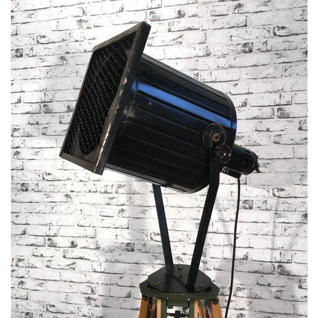 Vintage Black Industrial Spotlight on Wooden Tripod For Sale - Image 4 of 18