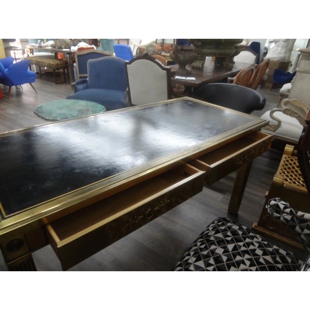 Art Deco Iconic Mastercraft Brass Desk With Black Leather Top For Sale - Image 3 of 12