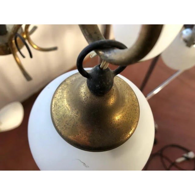 Mid-Century Modern Pendant Light in Brass, Aluminum and Opaline Glass in the style of Stilnovo, Italy, 1950s For Sale - Image 3 of 10
