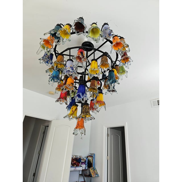 4 levels wrought iron structure with 54 flowing tulips glass shades handmade