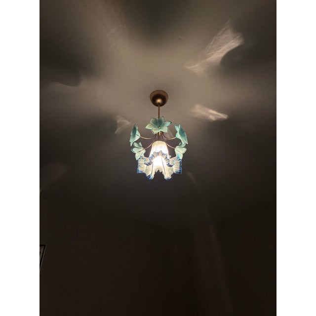 Vintage Custom Hand-Painted Italian Murano Style Light Blue Floral Pendant - Restored For Sale - Image 16 of 17