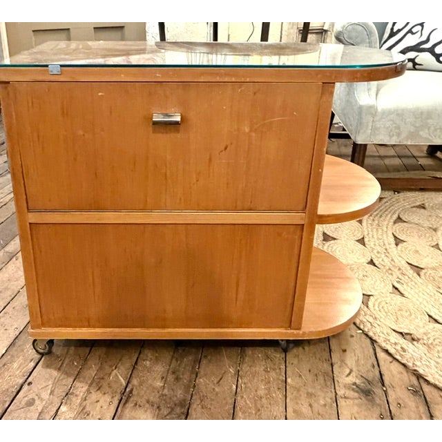 Wood Mid Century Art Deco Rolling Bar Cart With Drop Front and Glass Bar Storage on the Reverse. For Sale - Image 7 of 10