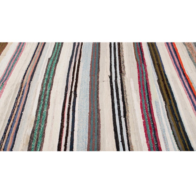 Vintage Kilim Wool Handmade Ivory Stripes Wool Runner For Sale - Image 4 of 13