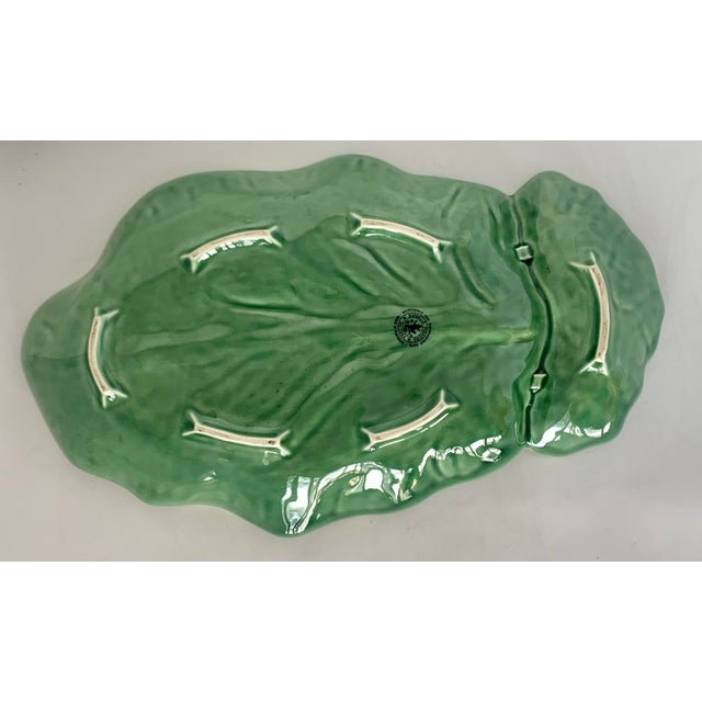 Vintage Portuguese 'Bordallo Pinheiro' Majolica Extra Large Glazed Ceramic Cabbage Leaf Chip & Dip Platter For Sale - Image 9 of 12
