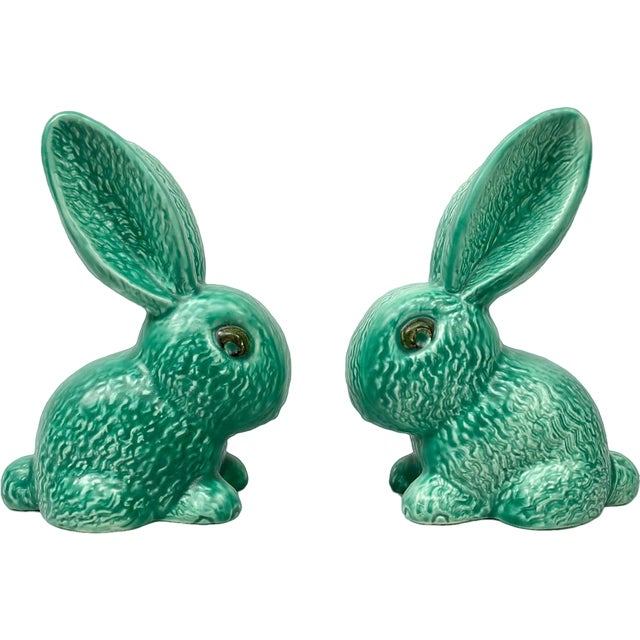 No. 1028 Green Glazed Rabbit from Sylvac, 1950s, Set of 2 For Sale