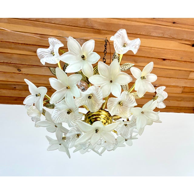 Vintage White Milk Glass Floral Flush Mount Chandelier For Sale - Image 9 of 14