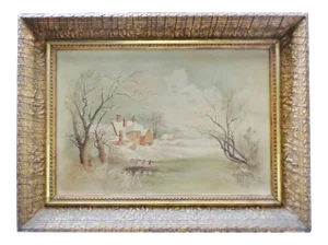 Mid 19th Century Antique Winter Snow Scene Country House Oil Painting