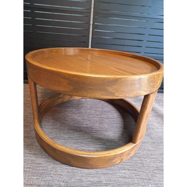 Tan Vintage Post Modern Solid Oak Round End Table For Sale - Image 8 of 10