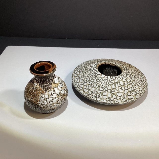 Antique White Handmade Studio Art Pottery Vase Set of 2, Signed “Mh,” Abstract Design For Sale - Image 8 of 10