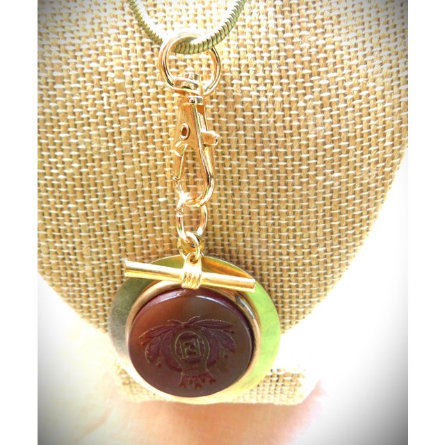 Metal Antique Carved Carnelian Gold Round Pendant Necklace, Initial "F", Snake Chain, Toggle For Sale - Image 7 of 12