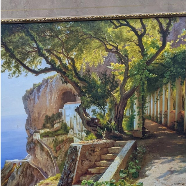 Blue Late 20th Century Large Blue & Green “A Loggia at Amalfi” Landscape After C. F. Aagaard in Ornate Gold Frame For Sale - Image 8 of 14